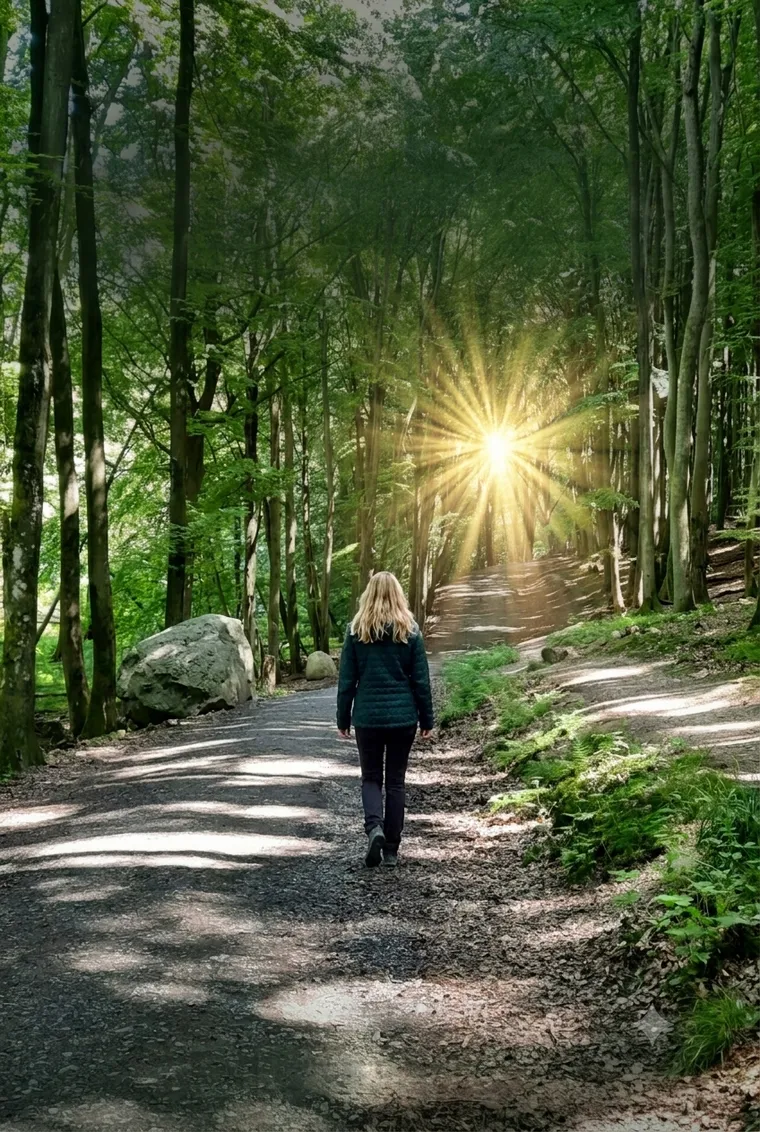Frau geht einen Waldweg entlang, der Sonne entgegen